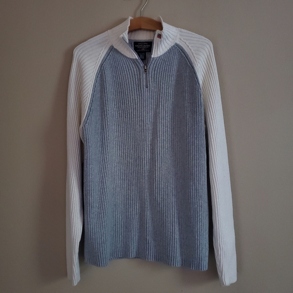 POLO RALPH LAUREN Gray/Biege Ribbed ¼ Zip Mock Neck Pullover Sweater Men's SZ XL